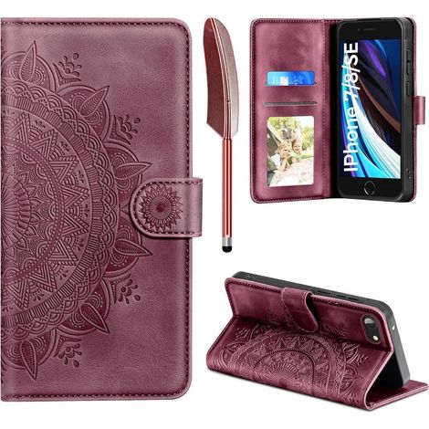 Handyhülle iPhone SE 2022/2020 7 8 Leder Flip Wallet Tasche Stand Weinrot (1/5)