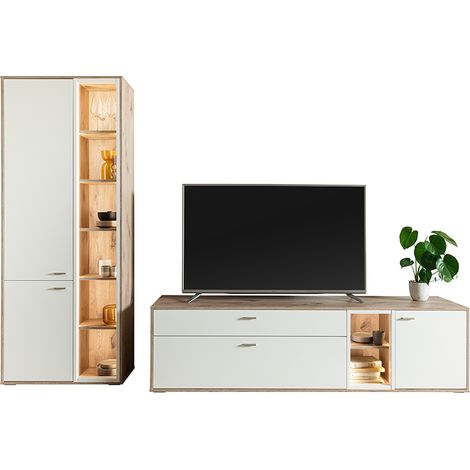 Wohnwand in Eiche und weiß modern mit LED-Beleuchtung, 2-teilig - SAGUNTO-05 (1/5)