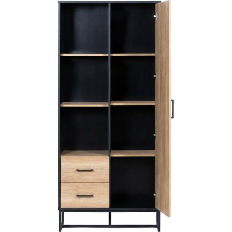 Credenza alta 80 x 40 x 180 cm in MDF, nero ed effetto legno, 1 porta, 2 cassetti, 3 nicchie (1/5)