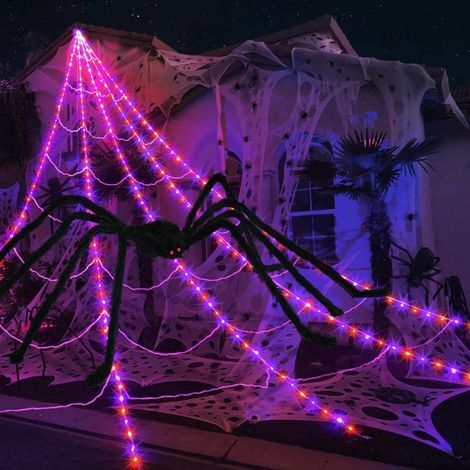 Toile D'araignée Lumineuse Halloween Extérieur 5m Orange Avec Araignée Non Lumineuse 8 Modes Flexib (1/5)