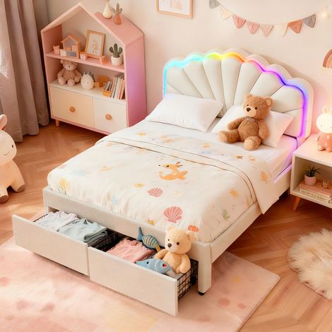 XMETPR Lit Capitonné Moderne 140x200  Tiroir de Rangement, Bande LED, Port USB, Tête de Lit Réglable, Tissu Teddy Ours, Silencieux, Facile à Installer Tête de lit Blanc (1/5)