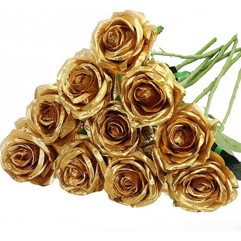Lot de 10 roses artificielles rouges en flanelle, fleurs artificielles réalistes et décoratives pour mariage, maison et jardin, couleur or. (1/5)
