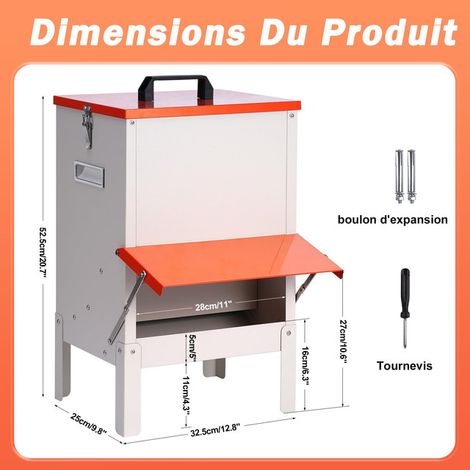 Mangeoire Automatique pour Poules et Volailles 13,6 kg Mangeoire Anti-Nuisible et Anti-Pluie en Métal pour Basse-Cour Poulailler Canards Oies