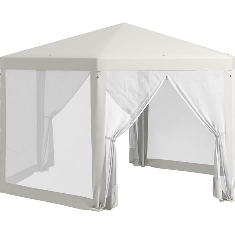 Hexagonaler Gartenpavillon 394 x 341,2 x 250 cm aus Polyester und Metall, Creme, mit Moskitonetz (1/5)