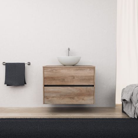 Inda - Badezimmerschrank 2 Schubladen L.80 mit Aufsatzwaschbecken / Natureiche - Diamante