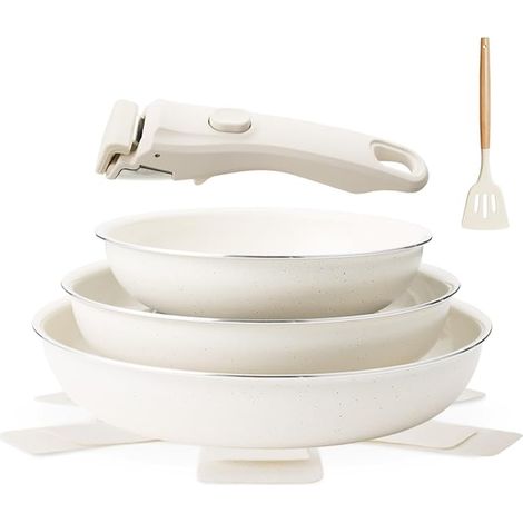 Frying Pans and Saucepans Set with Removable Handle, Ceramic Frying Pans 20/24/28 cm, Induction Compatible, Beige (1/5)