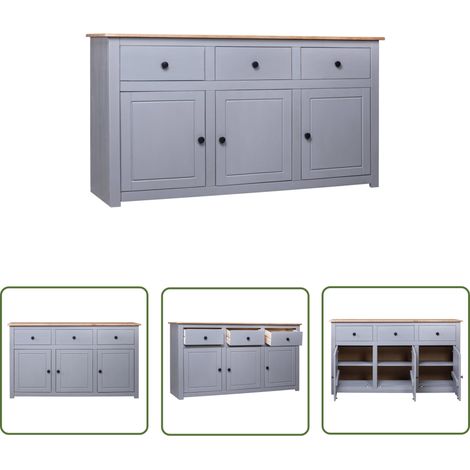 The Living Store Buffet Gris 135x40x80 cm Pin solide Assortiment Panama - Buffet - Meuble De Rangement - Armoire - Commode - Bois Massif (1/5)