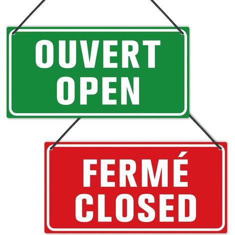 Panneau Ouvert/Fermé Recto-Verso en PVC, Plaque de Porte Bilingue Anglais Français, Enseigne de Boutique, Restaurant et Bureau (1/5)