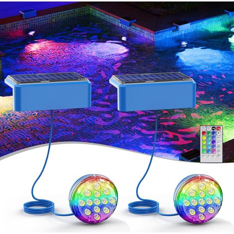 Juego de 2 luces solares para piscina, lámpara LED solar para piscina con mando a distancia [multicolor y blanco cálido] para spa, acuario, jardín, fuente, fiesta, luces solares impermeables IP68, 150 (1/5)