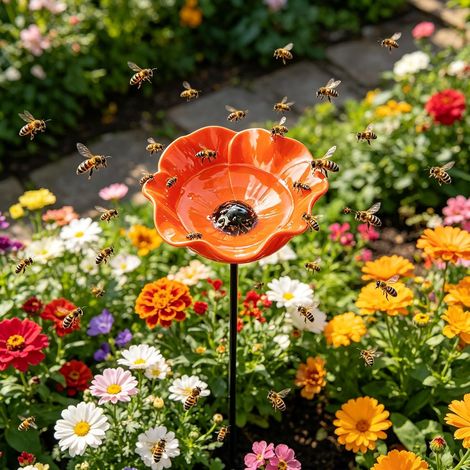 Vogeltränke Blume aus Metall,Handgefertigter Gartenstecker,Winterfeste Vogeltränke & Insektentränke,Bienentränke für Garten und Terrasse,Orange,1er-Pack