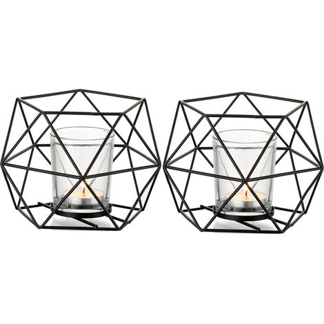 Porte-bougies chauffe-plat en métal - Lot de 2, style géométrique, pour bougies piliers, lanternes, décoration géométrique moderne pour table, fêtes, mariages, salons et Noël (1/5)