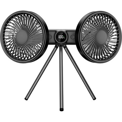 JSSEVN - Ventilador de doble cabezal, ventilador trípode de exterior de doble cabezal, ventilador de mesa para oficina en casa, ventilador portátil para exteriores, negro.