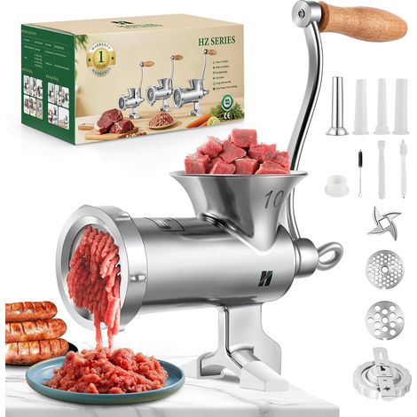 Hachoir à viande manuel en acier inoxydable avec poussoir à saucisse et accessoire pour biscuits. Hachoir à viande manuel lavable au lave-vaisselle pour le bœuf, le porc et les légumes (n° 10) (1/5)