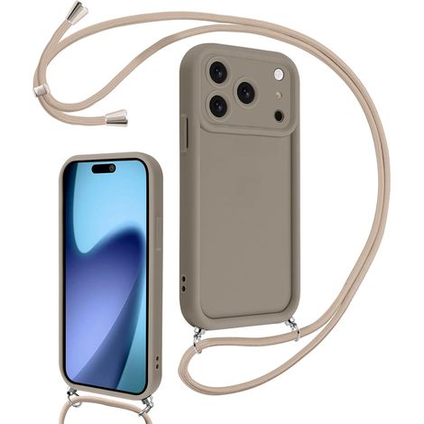 Coque pour iPhone 壹柒 Pro 6,3" avec Cordon de Collier Réglable, Etui Protection de la Caméra Silicone Souple TPU Antichoc Housse avec Corde Lanyard Cover pour Femmes Filles, Kaki (1/5)