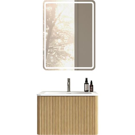 Conjunto de baño con espejo, lavabo de 60 cm y armario bajo, montado, efecto roble (1/5)