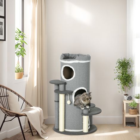 Tour cylindrique à chat hauteur 99 cm avec panier, balle de jeu et plateformes, mobilier pour chat, gris (1/4)