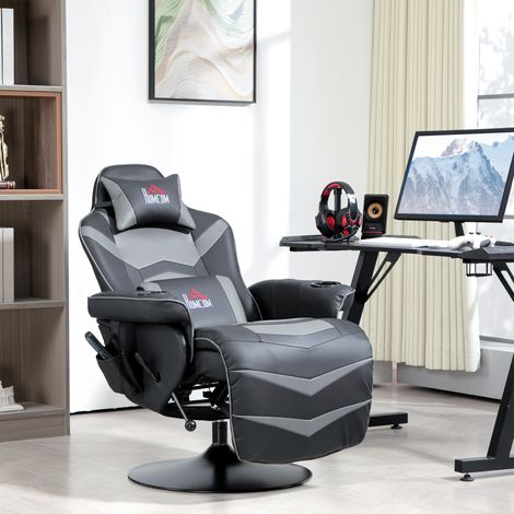 Chaise gaming - jusqu’à 120 kg - imitation cuir - fonction massage - gris - cadre en acier - repose-pieds - dossier basculant - Pratique (1/4)