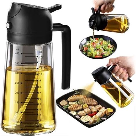Dispensador de aceite y botella pulverizadora 2 en 1，470 ml，Negro，Para aceite de oliva y vinagre，Dosificación precisa con boquilla pulverizadora (1/5)