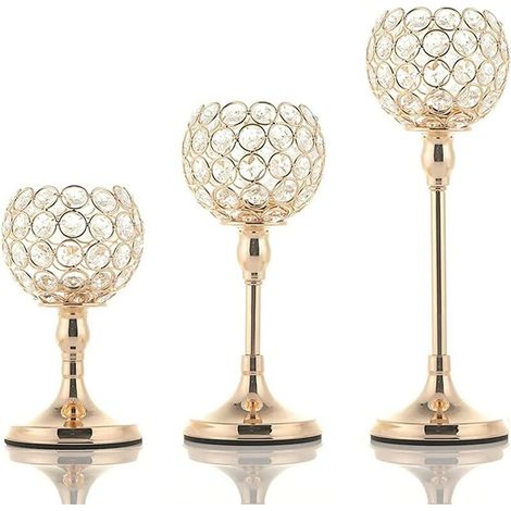 SHINING HOUSE Goldene Kristall-Kerzenhalter als Herzstück für Hochzeit, Esstisch, Halloween, Weihnachten, Geburtstagsfeier, Heimdekoration, Kerzenhalter (3 Stück, 10,2 cm große Kristallschale) (1/5)