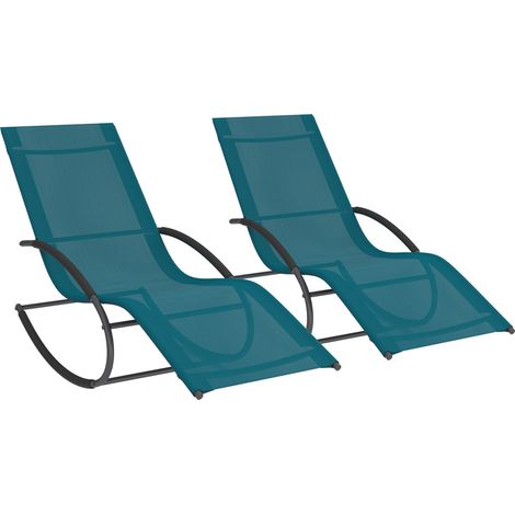 Idmarket – Lot de 2 chaises longues à bascule MALAWI – Structure en acier gris – Toile textilène bleu canard – Confort jusqu'à 100 kg
