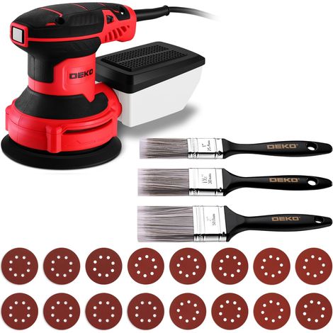 Ponceuse Excentrique 300W - Ponceuse Electrique 125mm, 6 Vitesses, 14000RPM, Papier Abrasif 16 Pièces, Collecteur de Poussière, Trois Pinceau Plats, pour Surfaces en Bois et Acier, Rouge (1/5)