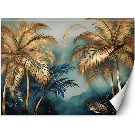 Fototapete blaue und goldene Palmen auf grauem Hintergrund 350x245 cm