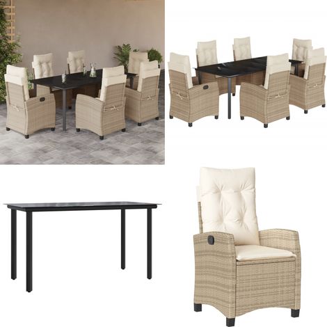7-tlg. Garten-Essgruppe mit Kissen Beige Poly Rattan - Gartentisch - Gartenstuhl