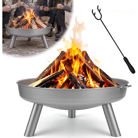 Jiubiaz Braciere da giardino Ø 75 cm argento con attizzatoio, focolare in acciaio zincato, foro di scarico, 3 gambe e maniglie (1/5)