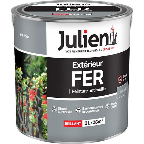 Julien Peinture Fer Anti-Rouille Brillant - Portes, grilles, portails, mobilier de jardin en métal - Gris Acier 2 L