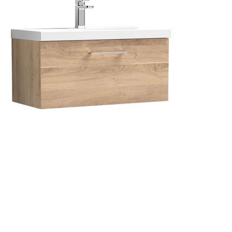 Balterley Contemporary Bathroom Wall Hung 1 Soft-Close Drawer Vanity Unit & Mid-Edge Ceramic Basin, Bleached Oak, 800 mm (1/4)