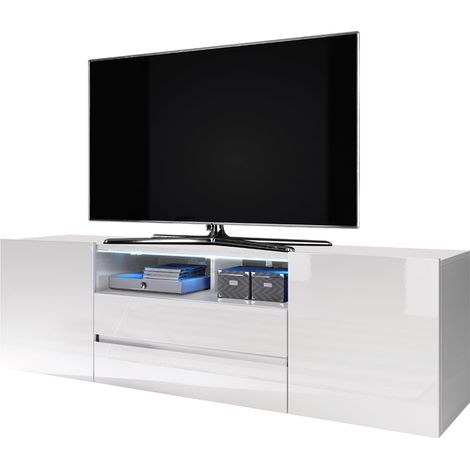 Selsey – Meuble TV blanc mat et brillant 137 cm avec éclairage LED – 2 niches ouvertes et 4 compartiments fermés – Panneaux mélaminés ABS (1/4)
