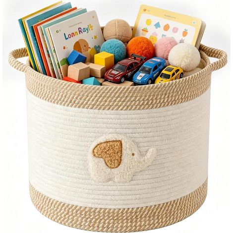 Organisateur Table a Langer, 1 Pièce, Coton Naturel avec Poignées Renforcées, Corbeille Linge pour Chambre, Salon, Salle de Bain, Cuisine, Bureau, Éléphant (1/5)