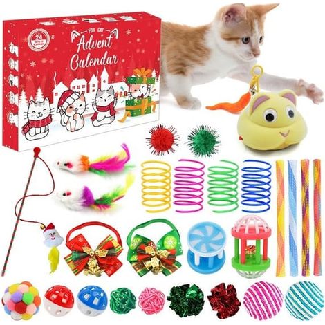 Calendrier de l'Avent pour chat, calendrier de l'Avent de 24 jours avec jouets assortis, calendrier de l'Avent interactif pour les amoureux des chats, cadeau de Noël pour animaux de compagnie