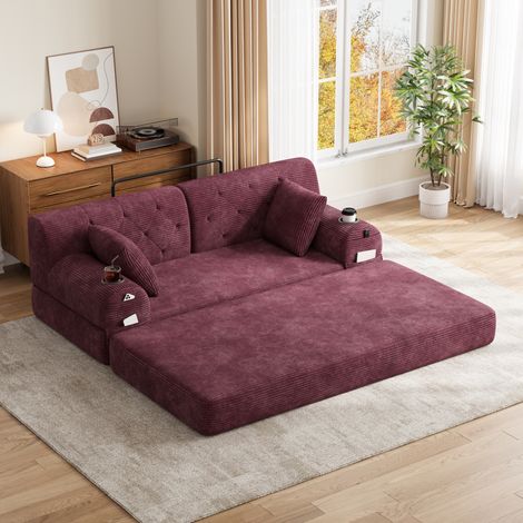 Canapé convertible 2 places 168x80x81 cm bordeaux en velours côtelé avec porte-gobelets et poches (1/5)