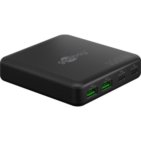 Caricatore da tavolo multiport USB-C™ PD GaN (100 W) nero, 2x porte USB-C™ (Power Delivery) e 2x porte USB-A (Quick Charge 3.0). colore nero
