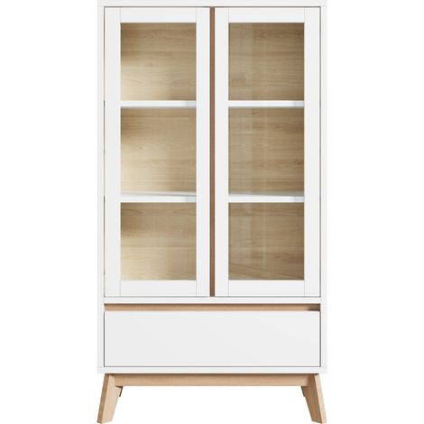 Buffet haut de cuisine blanc et effet bois 80 x 40 x 150 cm, étagères réglables (1/5)