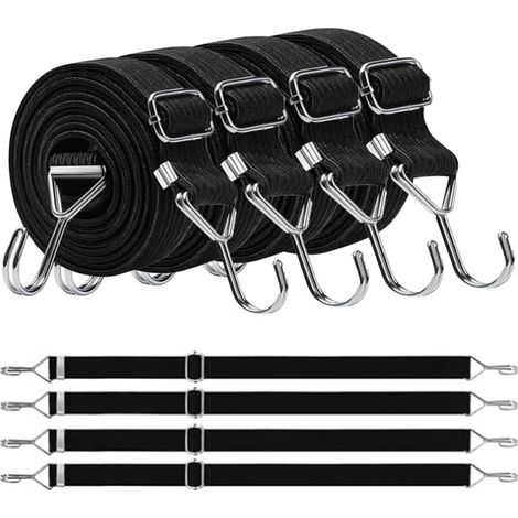 Lot de 4 tendeurs réglables en Caoutchouc avec Crochets, Extra résistants, avec Crochets en métal, 200 cm, Plats, Noirs, idéal pour Le Transport, l'emballage et la sécurisation des Charges (1/3)