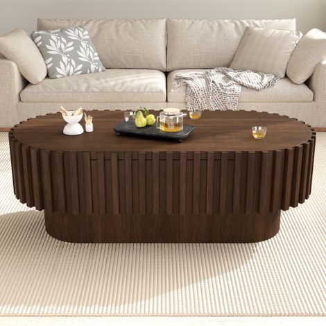 Table basse ovale 100 × 50 × 35,5 cm, table de salon avec tiroir, table d'appoint, aspect décoratif à lamelles verticales, table basse en bois robuste pour le salon, charge maximale 20 kg, couleur noy (1/5)