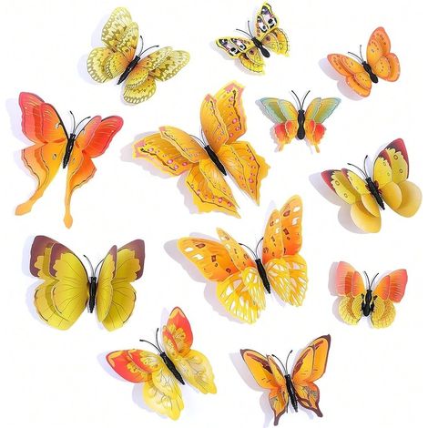 Décoration murale papillon 3D, double couche, autocollant réutilisable pour fêtes, casiers ou réfrigérateur — Jaune, 48 pièces (1/4)