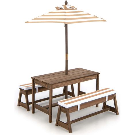 Ensemble table de pique-nique enfant marron avec 2 bancs, coussins et parasol réglable en hauteur pour jardin, terrasse et plein air (1/5)