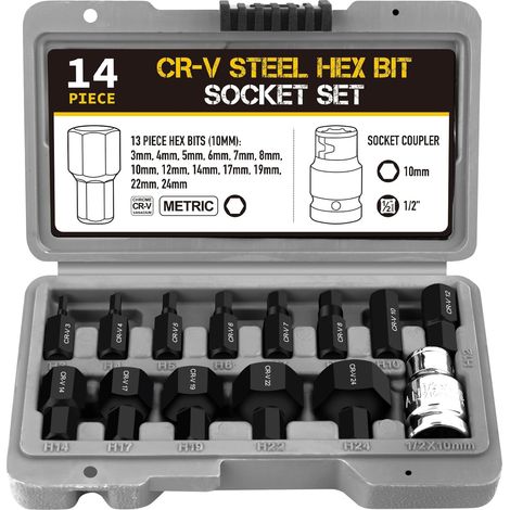 Jeu De Douilles 6 Pans - 14 Pièces 3 À 24 mm - Carré 1/2 Pouces - Pour Clé À Cliquet Et Clé Électrique - Avec Étui En Plastique