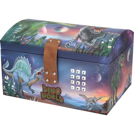 Depesche 13441 Dino World-Scrigno del Tesoro con Design a Forma di Dinosauro e Pianeti, Contenitore con codice, Suono e Luce, Paper, Multicolour, One Size (1/5)