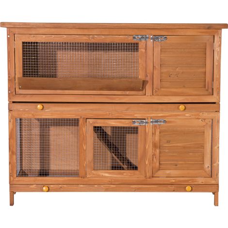 Cage à lapin poulailler clapier en bois de pin de grande taille avec 2 étages râtelier à foin toit ouvrant dim.120L x 48l x100H cm
