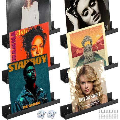 Lot de 6 supports muraux pour disques vinyles (acrylique noir) - Support mural en vinyle - 30,5 x 4,3 x 4,3 cm - Pour plaques et photos, bibliothèque, magazines (30,5 x 4,3 x 4,3 cm) (1/5)