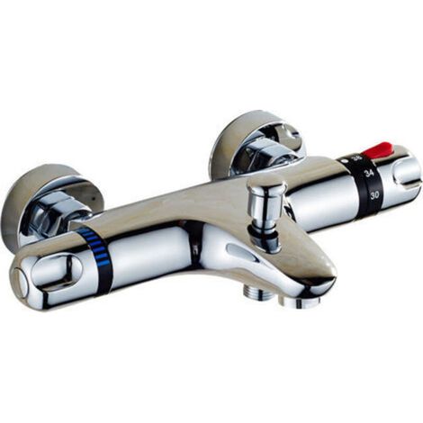 Thermostatische Badewannen-Duscharmatur, wandmontierte Badewannenarmatur mit Brause, thermostatische Badewannenarmatur mit Auslauf, thermostatische Duscharmatur, 38 °C, Sicherheitsverriegelung (1/4)