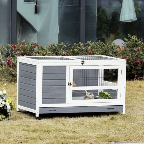 Clapier en bois cage à lapin villa pour lapin avec plateau coulissant, porte verrouillable, dessus ouvrable gris (1/5)