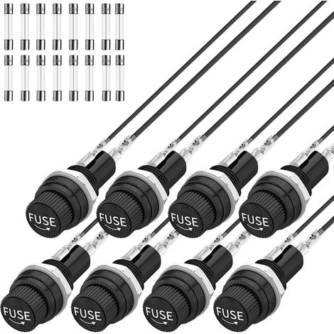 Lot de 8 porte-fusibles à montage sur panneau DC 12 V AV250 V avec connecteurs pré-soudés et tubes en verre à soufflage rapide 10 A x 8,15 A x 8 (1/5)
