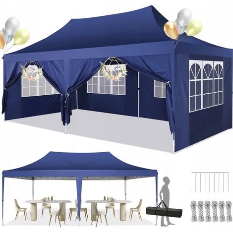 Carpa de jardín plegable 3x6M Protección UV impermeable, Barnum plegable para bodas, picnics, mercados, camping con 6 paredes laterales desmontables, Azul (1/5)