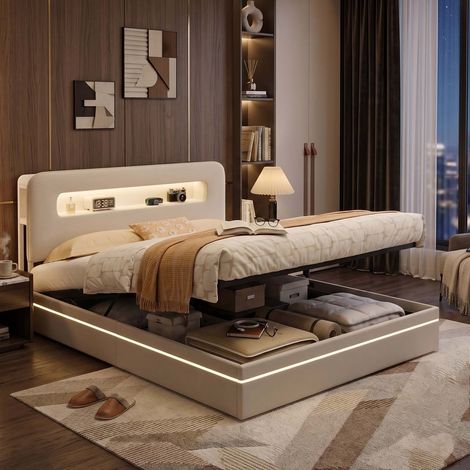 Creahappy Lit Coffre avec Rangement 160x200 cm - Gain de Place - Lit Capitonné Tissu Velours - Éclairage LED et Tête de Lit - Beige (1/5)