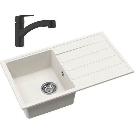 76x44 cm évier avec égouttoir réversible en Granite, à encastrer, blanc + mitigeur lavabo/cuisine Grohe Start (SATSE3WG303) (1/5)
